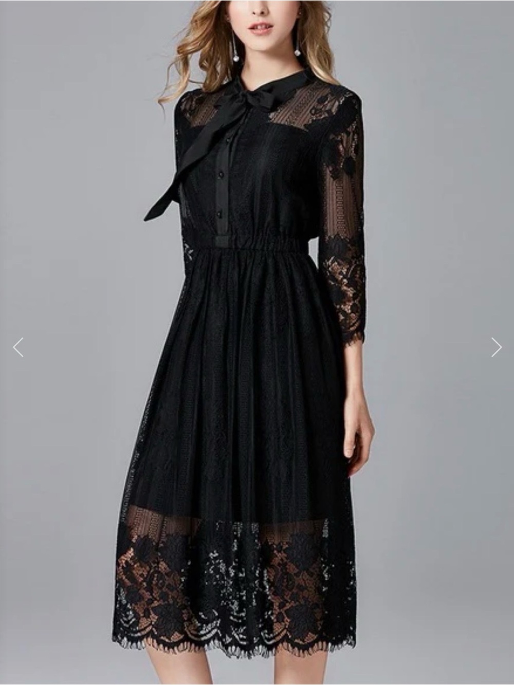 Black Lace Midi Dress with Bow Neck and Sheer Sleeves